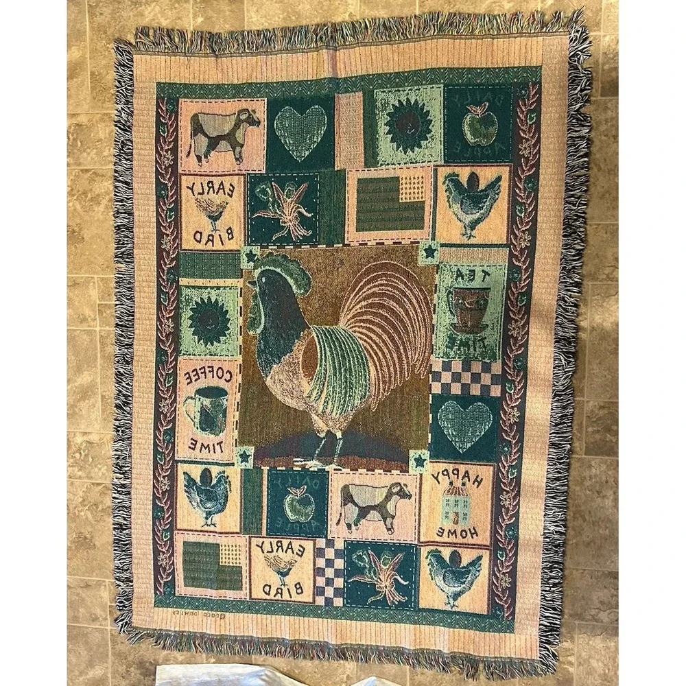 Coco Dowley Rise & Shine Americana Rooster Tapestry Blanket Farmhouse
